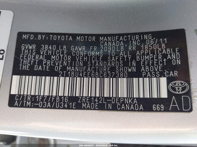 Auction sale of the 2011 Toyota Corolla Le, vin: 2T1BU4EE6BC637380, lot number: 44948387