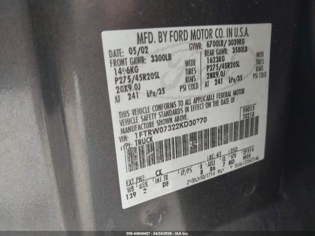 44948407 :رقم المزاد ، 1FTRW07322KD30770 vin ، 2002 Ford F-150 Lariat مزاد بيع