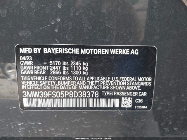 44948412 :رقم المزاد ، 3MW39FS05P8D38378 vin ، 2023 Bmw 330e Xdrive مزاد بيع