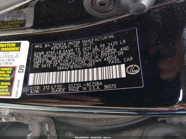 Продажа на аукционе авто 2022 Lexus Es 350 F Sport, vin: 58AGZ1B10NU111961, номер лота: 44948423