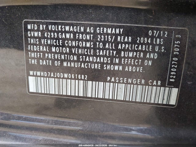 44948439 :رقم المزاد ، WVWHD7AJ0DW061682 vin ، 2013 Volkswagen Gti 4-door Autobahn مزاد بيع