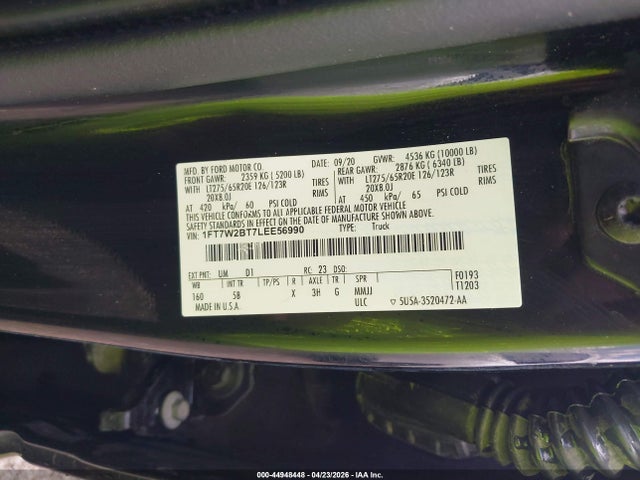 Aukcja sprzedaży 2020 Ford F-250 Lariat, vin: 1FT7W2BT7LEE56990, numer aukcji: 44948448