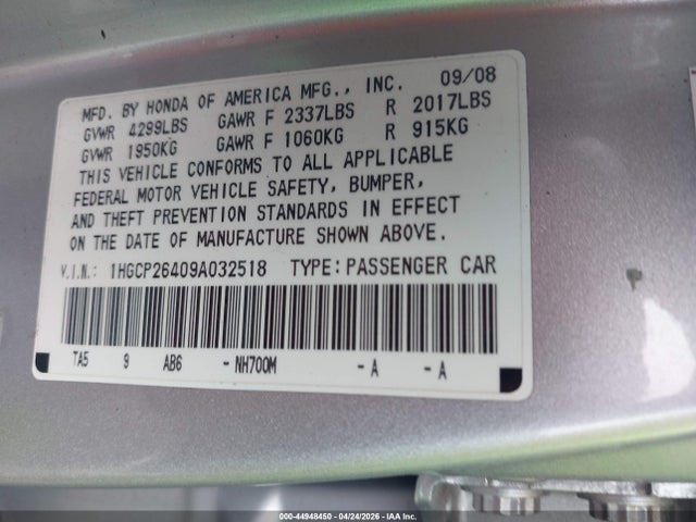 2009 Honda Accord 2.4 Lx-p მანქანა იყიდება აუქციონზე, vin: 1HGCP26409A032518, აუქციონის ნომერი: 44948450