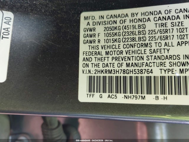 Aukcja sprzedaży 2016 Honda Cr-v Ex-l, vin: 2HKRM3H78GH538764, numer aukcji: 44948449
