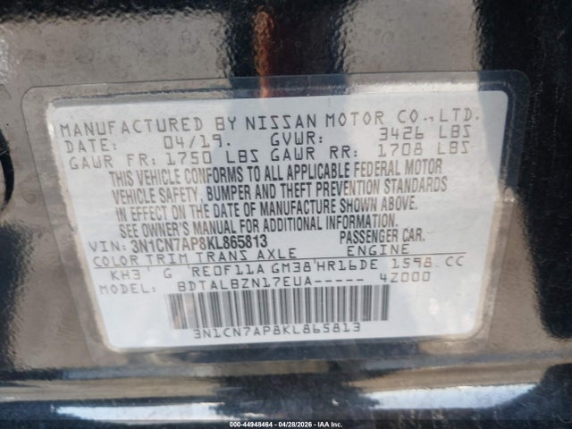44948464 :رقم المزاد ، 3N1CN7AP8KL865813 vin ، 2019 Nissan Versa 1.6 Sv مزاد بيع