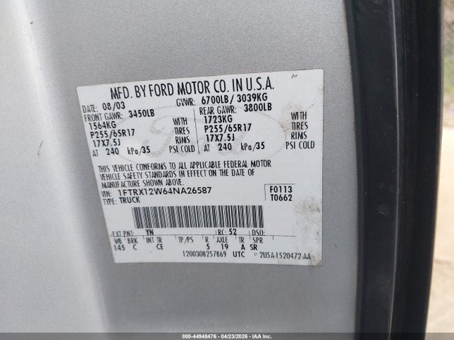 44948476 :رقم المزاد ، 1FTRX12W64NA26587 vin ، 2004 Ford F-150 Stx/xl/xlt مزاد بيع