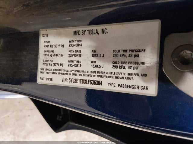 2020 Tesla Model 3 Long Range Dual Motor All-wheel Drive მანქანა იყიდება აუქციონზე, vin: 5YJ3E1EB3LF636304, აუქციონის ნომერი: 44948482