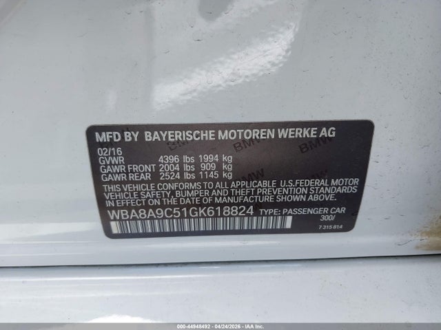 2016 Bmw 320i მანქანა იყიდება აუქციონზე, vin: WBA8A9C51GK618824, აუქციონის ნომერი: 44948492