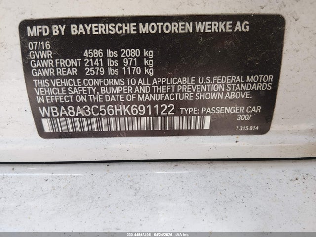 2017 Bmw 320i Xdrive მანქანა იყიდება აუქციონზე, vin: WBA8A3C56HK691122, აუქციონის ნომერი: 44948495