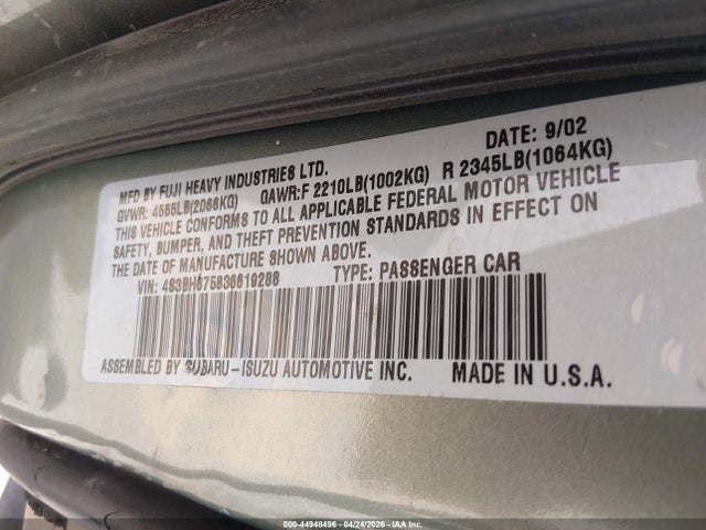 Продаж на аукціоні авто 2003 Subaru Outback, vin: 4S3BH675836619288, номер лоту: 44948496