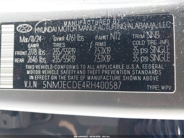 2024 Hyundai Tucson Limited მანქანა იყიდება აუქციონზე, vin: 5NMJECDE4RH400587, აუქციონის ნომერი: 44948502