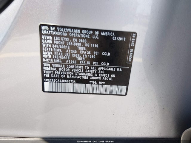 44948508 :رقم المزاد ، 1V2CR2CA2JC560734 vin ، 2018 Volkswagen Atlas 3.6l V6 Se مزاد بيع
