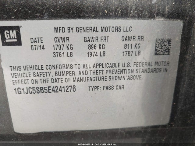 Продаж на аукціоні авто 2014 Chevrolet Sonic Lt Auto, vin: 1G1JC5SB5E4241276, номер лоту: 44948514
