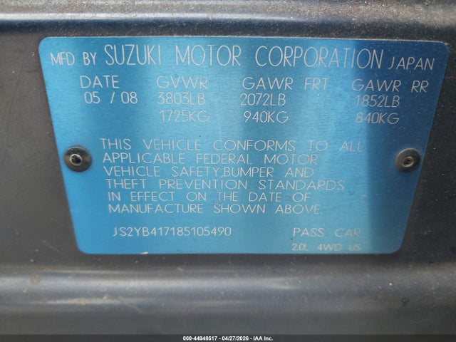 2008 Suzuki Sx4 Convenience/touring მანქანა იყიდება აუქციონზე, vin: JS2YB417185105490, აუქციონის ნომერი: 44948517