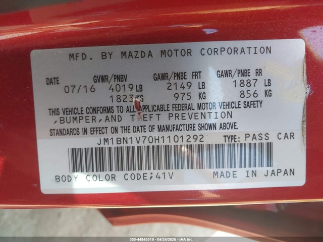 44948519 :رقم المزاد ، JM1BN1V70H1101292 vin ، 2017 Mazda Mazda3 Touring مزاد بيع