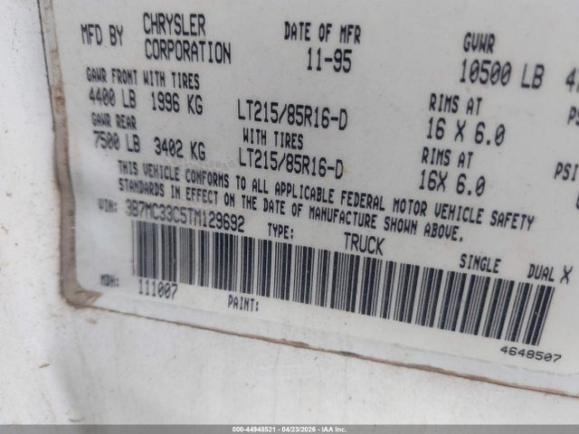 44948521 :رقم المزاد ، 3B7MC33C5TM129692 vin ، 1996 Dodge Ram 3500 مزاد بيع