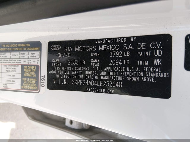 Aukcja sprzedaży 2020 Kia Forte Lxs, vin: 3KPF24AD4LE252648, numer aukcji: 44948522
