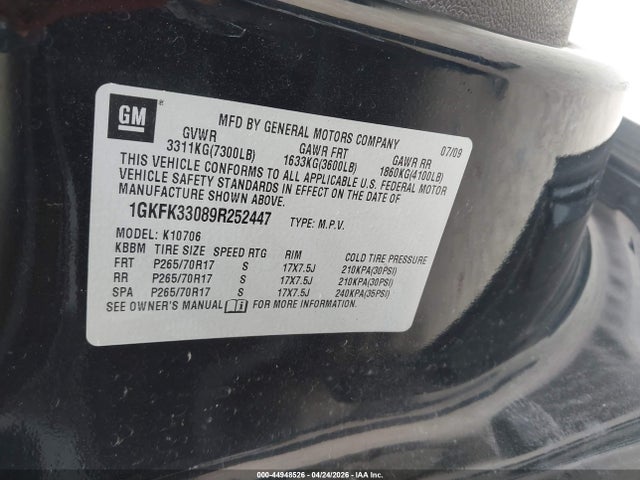 Продаж на аукціоні авто 2009 Gmc Yukon Slt2, vin: 1GKFK33089R252447, номер лоту: 44948526