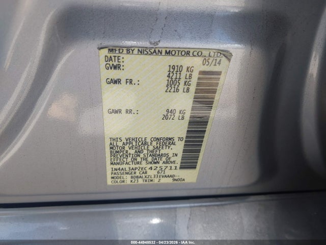 Продаж на аукціоні авто 2014 Nissan Altima 2.5 Sl, vin: 1N4AL3AP2EC425711, номер лоту: 44948532