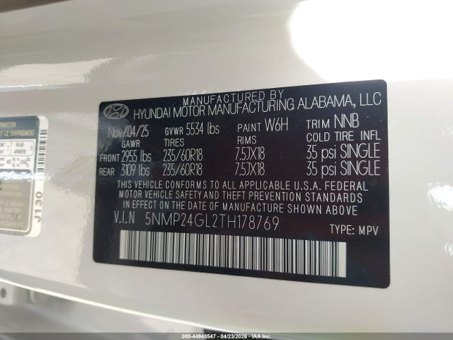 44948547 :رقم المزاد ، 5NMP24GL2TH178769 vin ، 2026 Hyundai Santa Fe Sel مزاد بيع