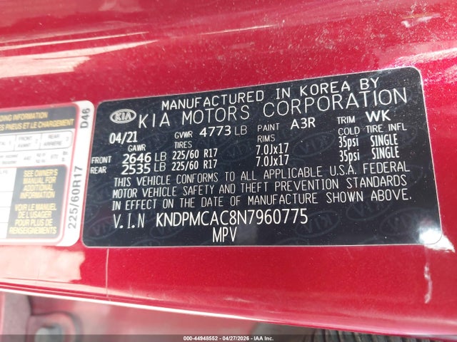 Продажа на аукционе авто 2022 Kia Sportage Lx, vin: KNDPMCAC8N7960775, номер лота: 44948552