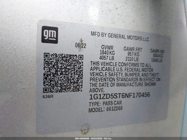Продаж на аукціоні авто 2022 Chevrolet Malibu Fwd Lt, vin: 1G1ZD5ST6NF170456, номер лоту: 44948555