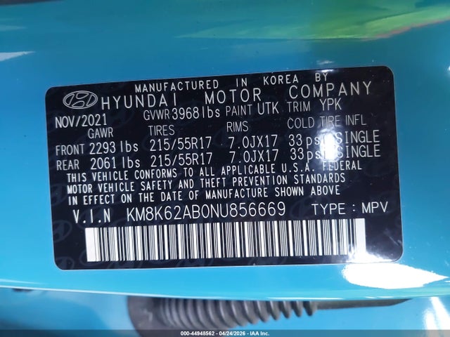 Продажа на аукционе авто 2022 Hyundai Kona Sel, vin: KM8K62AB0NU856669, номер лота: 44948562