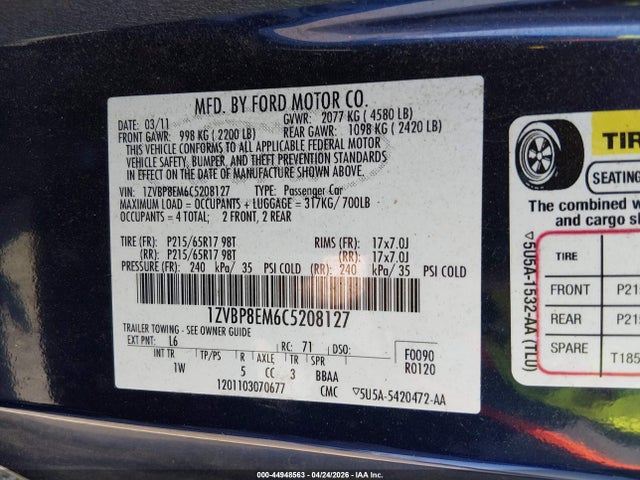 44948563 :رقم المزاد ، 1ZVBP8EM6C5208127 vin ، 2012 Ford Mustang V6 مزاد بيع
