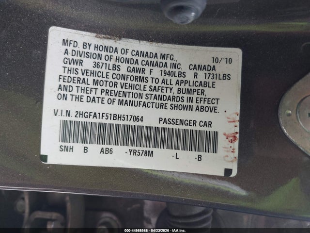 44948566 :رقم المزاد ، 2HGFA1F51BH517064 vin ، 2011 Honda Civic Lx مزاد بيع