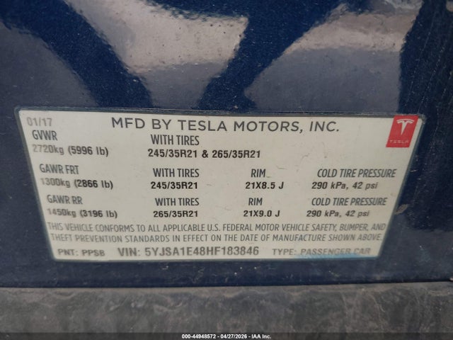 44948572 :رقم المزاد ، 5YJSA1E48HF183846 vin ، 2017 Tesla Model S 100d/60d/75d/90d/p100d مزاد بيع