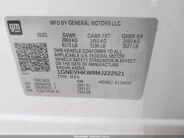 2021 Chevrolet Traverse Awd Lt Leather მანქანა იყიდება აუქციონზე, vin: 1GNEVHKW9MJ222521, აუქციონის ნომერი: 44948586