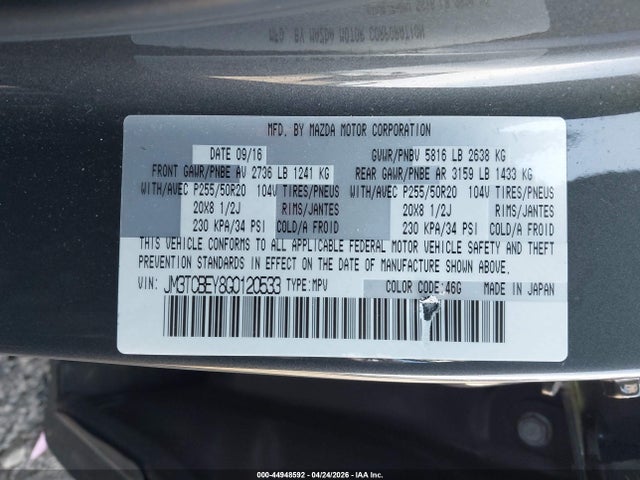 44948592 :رقم المزاد ، JM3TCBEY8G0120533 vin ، 2016 Mazda Cx-9 Signature مزاد بيع