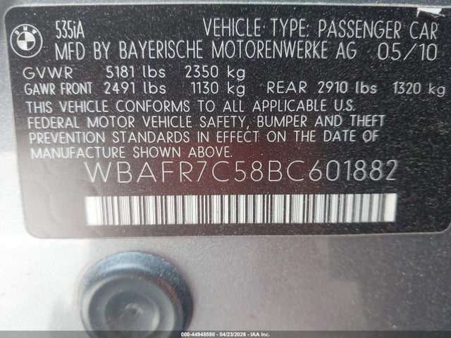 2011 Bmw 535i მანქანა იყიდება აუქციონზე, vin: WBAFR7C58BC601882, აუქციონის ნომერი: 44948598