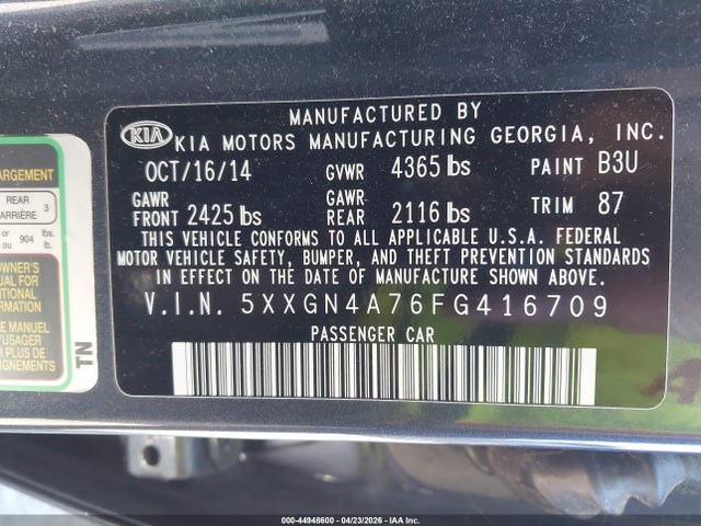 Aukcja sprzedaży 2015 Kia Optima Ex, vin: 5XXGN4A76FG416709, numer aukcji: 44948600