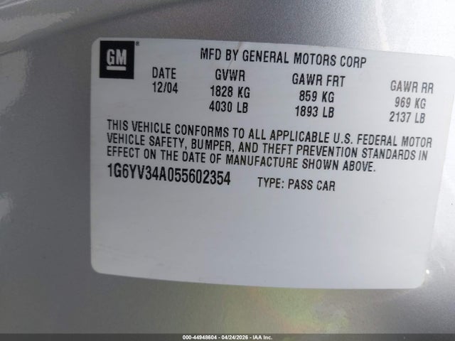 44948604 :رقم المزاد ، 1G6DC54A055602354 vin ، 2005 Cadillac Xlr مزاد بيع