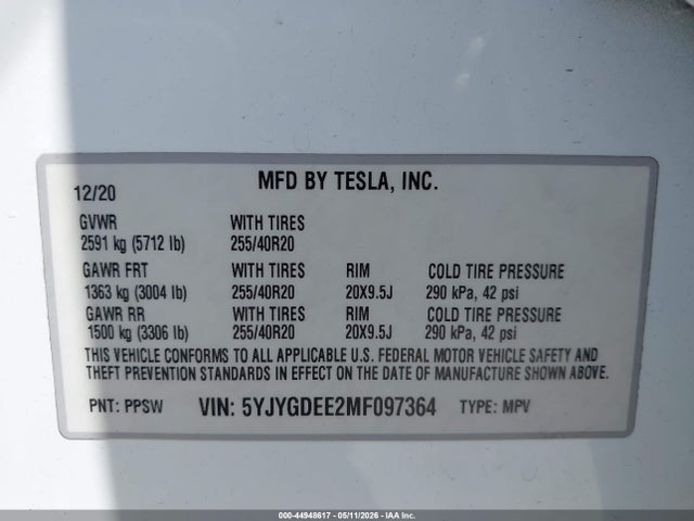 Aukcja sprzedaży 2021 Tesla Model Y Long Range Dual Motor All-wheel Drive, vin: 5YJYGDEE2MF097364, numer aukcji: 44948617