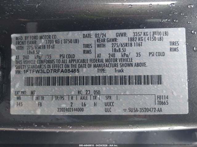 Aukcja sprzedaży 2024 Ford F-150 Xlt, vin: 1FTFW3LD7RFA08485, numer aukcji: 44948618