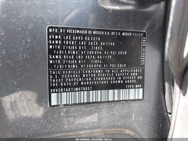 44948620 :رقم المزاد ، 3VV2B7AX7JM078637 vin ، 2018 Volkswagen Tiguan 2.0t Se/2.0t Sel مزاد بيع