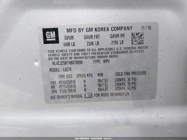 Продаж на аукціоні авто 2017 Buick Encore Sport Touring, vin: KL4CJ2SB7HB070898, номер лоту: 44948629