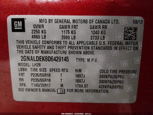 44948632 :رقم المزاد ، 2GNALDEK8D6429145 vin ، 2013 Chevrolet Equinox 1lt مزاد بيع