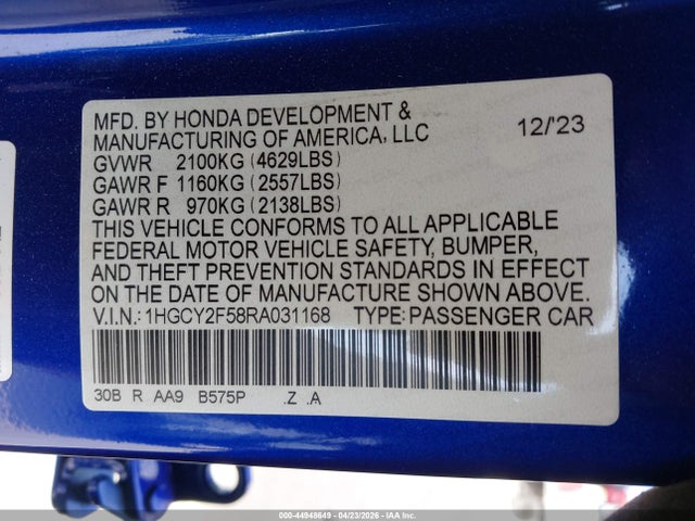 2024 Honda Accord Hybrid Sport მანქანა იყიდება აუქციონზე, vin: 1HGCY2F58RA031168, აუქციონის ნომერი: 44948649