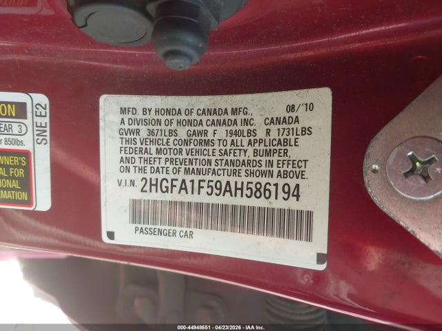 Aukcja sprzedaży 2010 Honda Civic Lx, vin: 2HGFA1F59AH586194, numer aukcji: 44948651