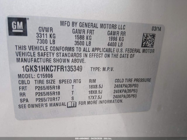 1GKS1HKC7FR135349 GMC Yukon Xl 1500 Slt