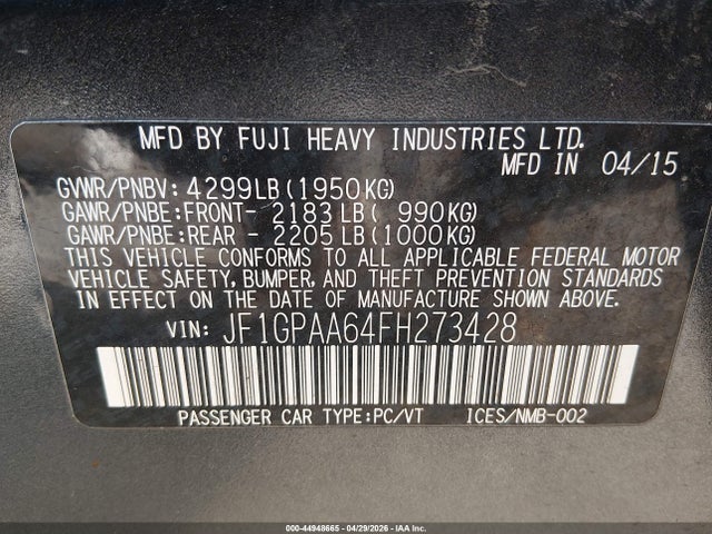 Auction sale of the 2015 Subaru Impreza 2.0i, vin: JF1GPAA64FH273428, lot number: 44948665