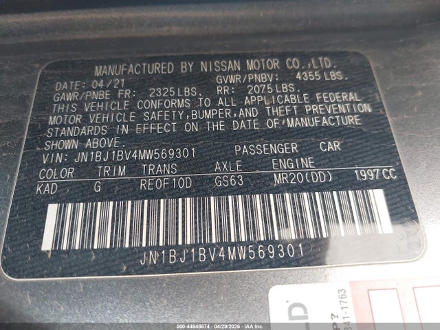 44948674 :رقم المزاد ، JN1BJ1BV4MW569301 vin ، 2021 Nissan Rogue Sport Sv Fwd Xtronic Cvt مزاد بيع