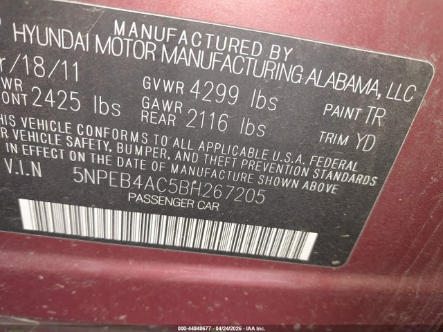 44948677 :رقم المزاد ، 5NPEB4AC5BH267205 vin ، 2011 Hyundai Sonata Gls مزاد بيع