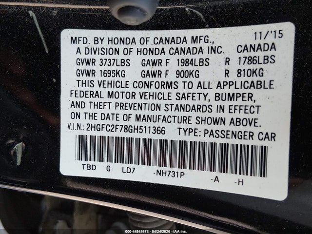 Aukcja sprzedaży 2016 Honda Civic Ex, vin: 2HGFC2F78GH511366, numer aukcji: 44948678