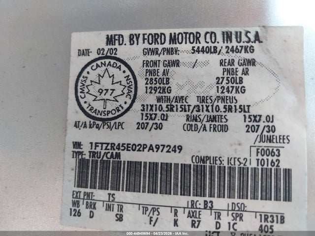 Продажа на аукционе авто 2002 Ford Ranger Edge/xlt, vin: 1FTZR45E02PA97249, номер лота: 44948694
