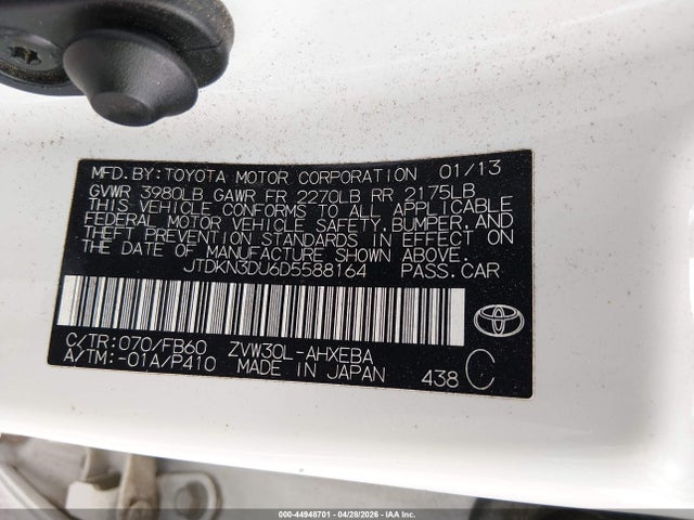 44948701 :رقم المزاد ، JTDKN3DU6D5588164 vin ، 2013 Toyota Prius Two مزاد بيع