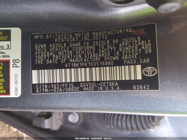 Aukcja sprzedaży 2012 Toyota Camry Se V6, vin: 4T1BK1FK1CU516880, numer aukcji: 44948728